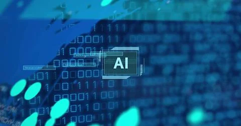 Image of ai text and binary coding data processing over world map Stock Photos