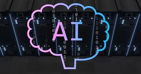 Image of ai text and binary coding data processing over computer servers Foto stock