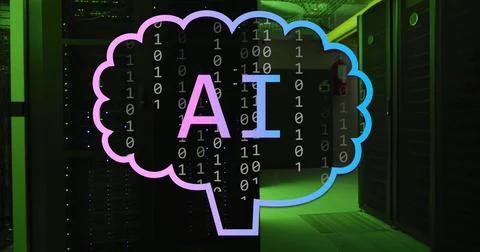 Image of ai text and brain icon over binary data processing and server room Illustrazione stock