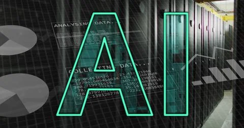 Image of ai text and data processing over computer servers Stock Illustration