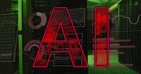 Image of ai text and data processing over computer servers Illustrazione stock