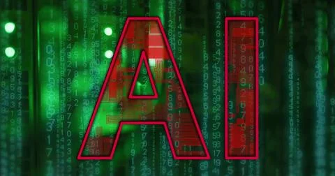 Image of ai text and data processing over computer servers Stock Illustration