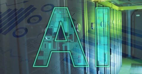 Image of ai text and data processing over computer servers Illustrazione stock