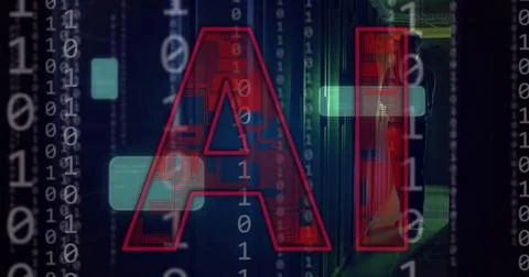 Image of ai text and data processing over computer servers Stockillustratie