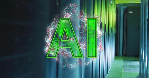 Image of ai text and data processing over computer servers Stock Illustration