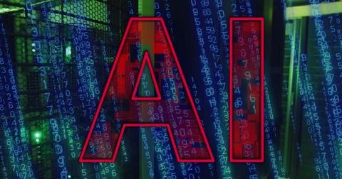 Image of ai text and data processing over computer servers 库存插图