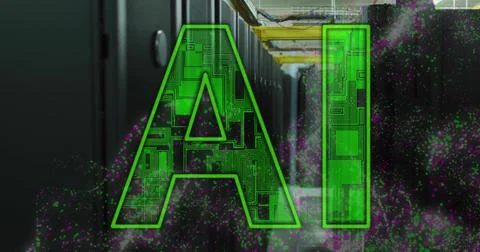 Image of ai text and data processing over computer servers Stock Illustration