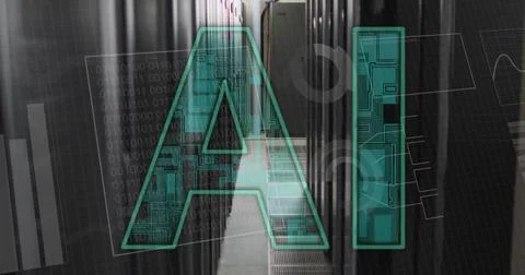 Image of ai text and data processing over computer servers Stock Illustration