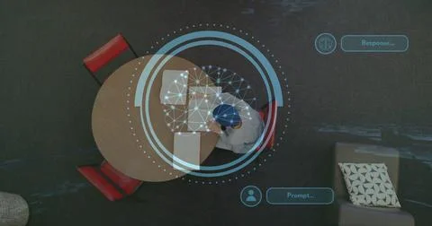 Image of ai text and data over male student learning at table 库存照片