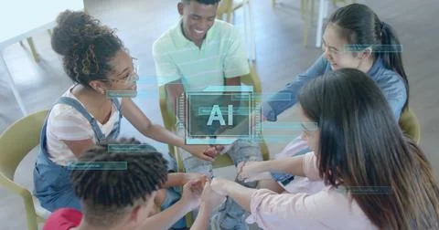 Image of ai text and data processing over diverse students holding hands Stock Photos