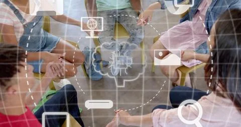 Image of ai text and data processing over diverse students holding hands Fotos Stock