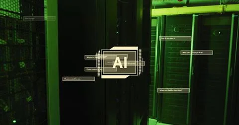 Image of ai text and data processing over computer servers 스톡 사진