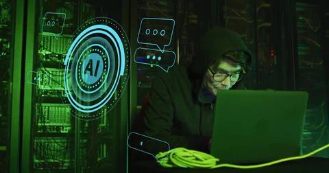 Image of ai text and data over asian it man with laptop by computer servers Foto stock