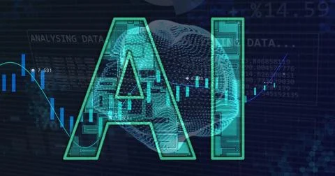 Image of ai text and digital data processing over black background Stock Illustration