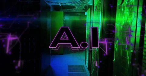 Image of ai text and digital data processing over computer servers Stock Illustration