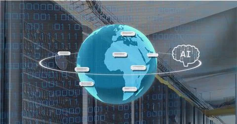 Image of ai text and icon, data processing over globe Stock Photos