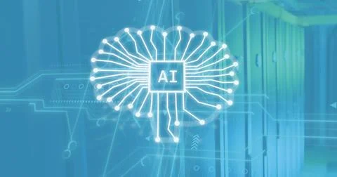 Image of ai text and icon, data processing over computer servers Stock Photos