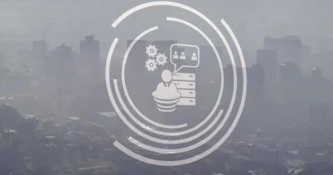 Image of ai text and icon, data processing over cityscape Stock Photos