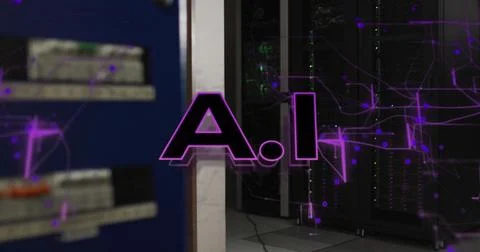 Image of ai text and network of connections over server room Stockfoto's
