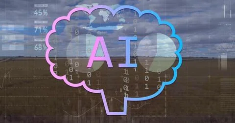 Image of ai text, binary codes in brain, infographic interface over landscape Stock Photos