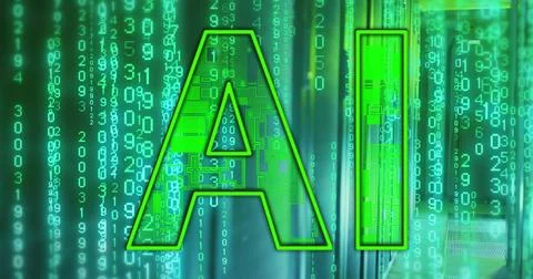 Image of ai text, binary coding and data processing over computer servers Stock Illustration