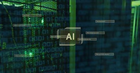 Image of ai text, binary coding data processing over computer servers Stock Illustration