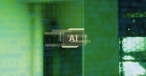 Image of ai text, binary coding data processing over computer servers Stock Illustration