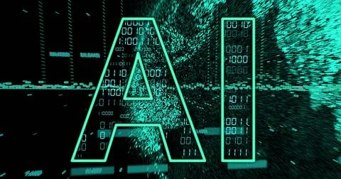 Image of ai text, binary coding and data processing over dark background Stock Photos