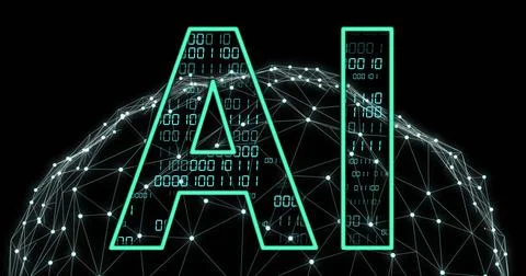 Image of ai text, binary coding data processing over globe 스톡 사진