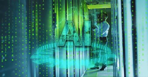 Image of ai text, binary coding data processing over asian businessm by computer Stock Photos