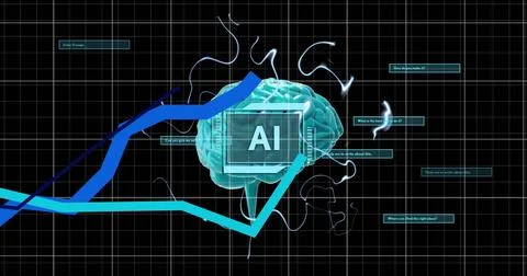 Image of ai text, brain and digital data processing over black background Illustrazione stock