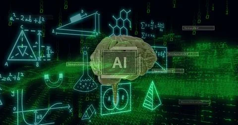Image of ai text, brain and digital data processing over black background 스톡 일러스트