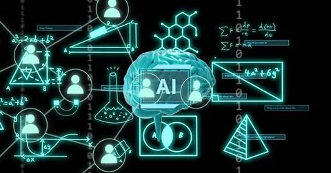 Image of ai text, brain and digital data processing over black background Stock Illustration