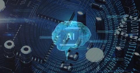 Image of ai text, brain and digital data processing over black background Stock Illustration