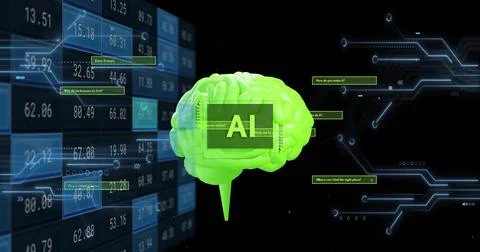 Image of ai text, brain and digital data processing over black background 스톡 일러스트