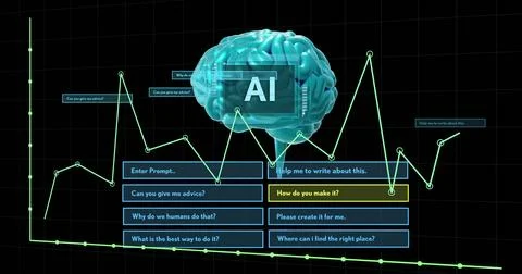 Image of ai text, brain and digital data processing over black background Stock Illustration