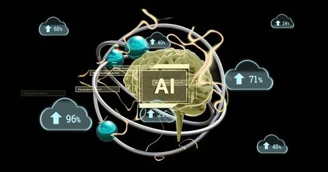 Image of ai text, brain and digital data processing over black background イラスト素材