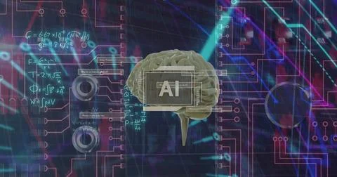Image of ai text, brain and digital data processing over black background 스톡 일러스트