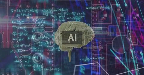 Image of ai text, brain and digital data processing over black background Stock Illustration