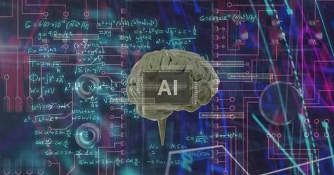 Image of ai text, brain and digital data processing over black background 스톡 일러스트