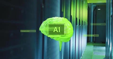 Image of ai text with brain and data processing over computer servers 스톡 사진