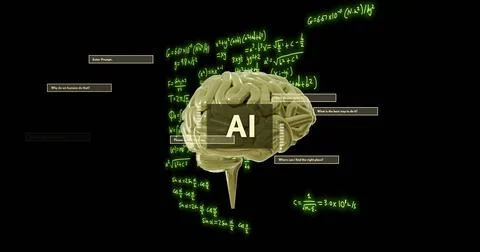 Image of ai text with brain and data processing over black background Stock Photos