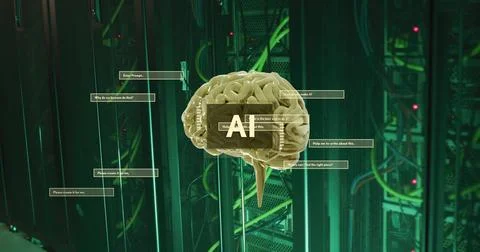 Image of ai text, brain and data processing over computer servers 스톡 사진