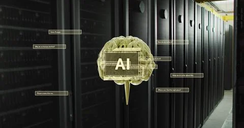 Image of ai text, brain and data processing over computer servers Stock Photos
