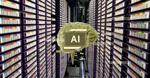 Image of ai text, brain and data processing over computer servers 스톡 사진