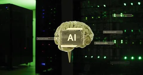 Image of ai text, brain and data processing over computer servers 스톡 사진