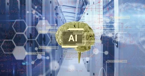 Image of ai text, brain and data processing over computer servers Stock Photos