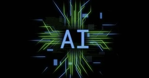 Image of ai text, circuit board with data processing over black background Stock Illustration