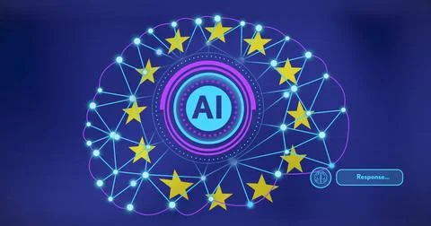 Image of, AI text generation process over European Union stars and network Stock Illustration