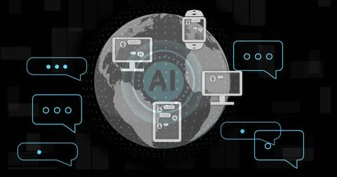 Image of ai text, globe and digital data processing over black background 스톡 일러스트
